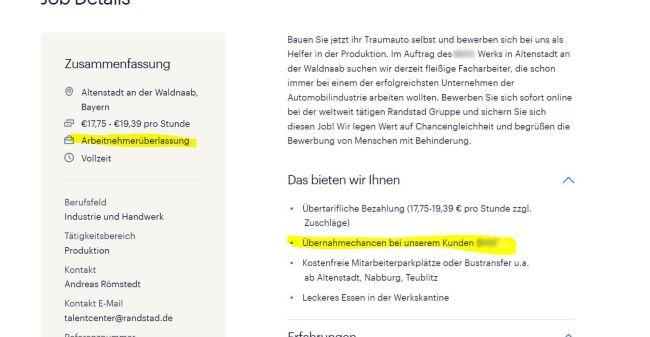 Скриншот вакансии в Германии с оформлением через ляйфирму.