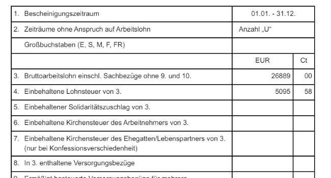 Скриншот годовой справки о доходах и налогах Lohnsteuerbescheinigung.