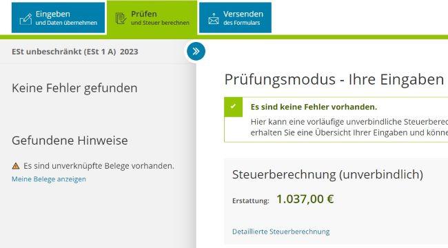 Скриншот из Elster с вкладкой Prüfen для проверки и отправки в налоговую.