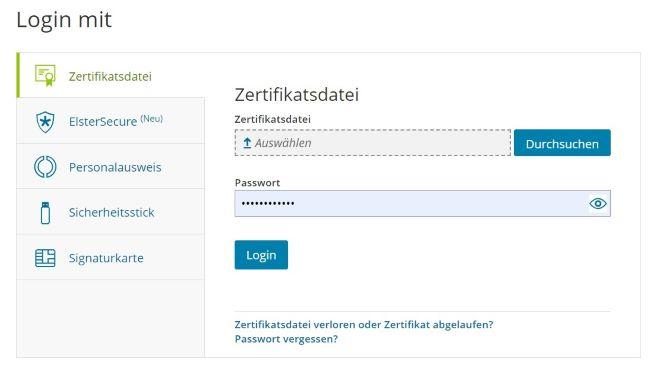 Скриншот регистрации в Elster для подачи налоговой декларации.