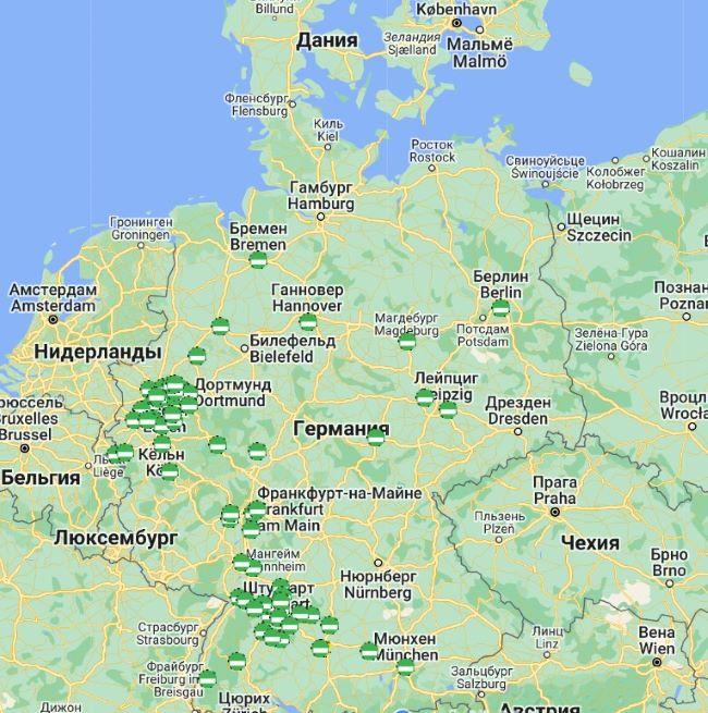 Скриншот карты с экологическими зонами Umweltzone Германии.