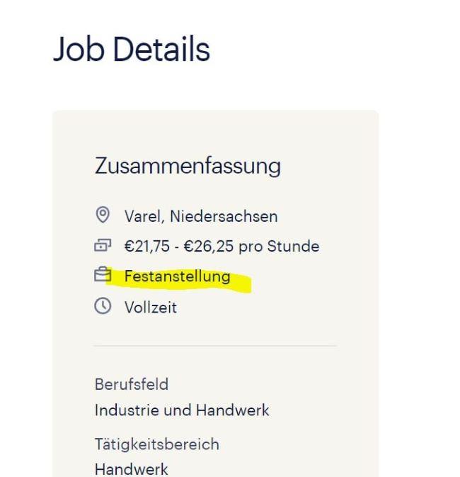 Скриншот вакансии в Германии с оформлением в штат компании.