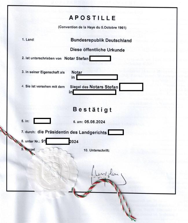 Скриншот апостиля к доверенности в Германии.