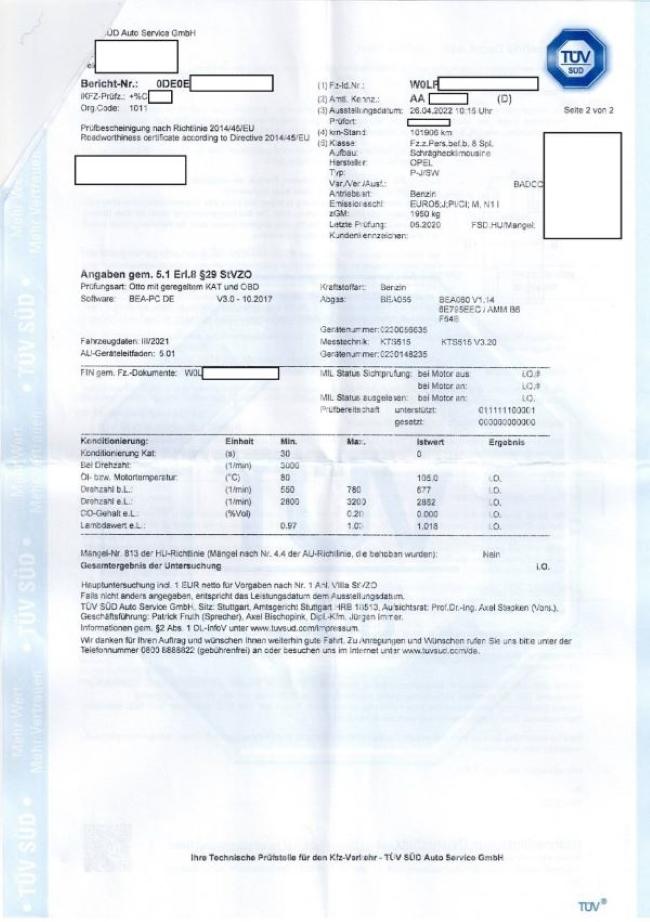 Скриншот отчёта о прохождении проверки выбросов Abgasuntersuchung в Германии.