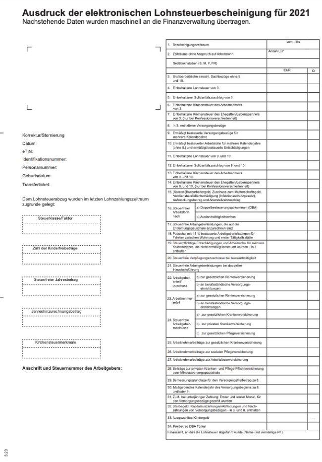 Шаблон справки о подоходном налоге в Германии Lohnsteuerbescheinigung.