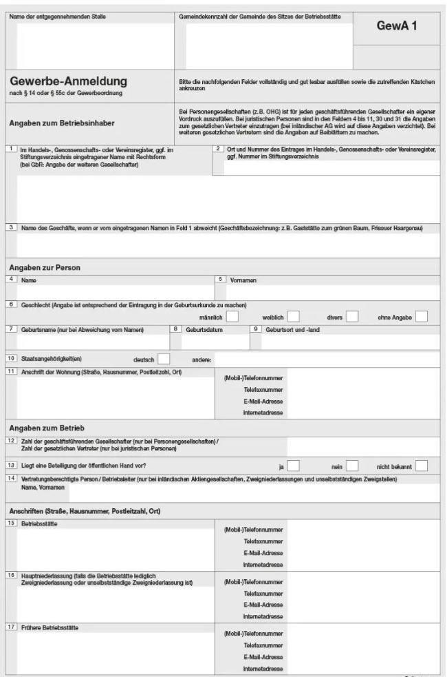 Шаблон формуляра Gewerbe-Anmeldung, который заполняется предпринимателем в Gewerbeamt.