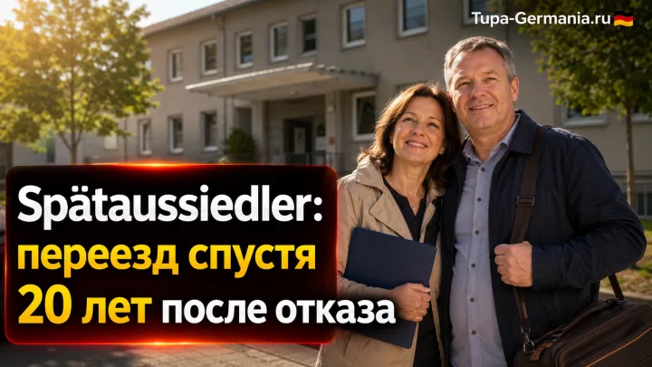 Семейная пара поздних переселенцев у общежития после переезда в Германию