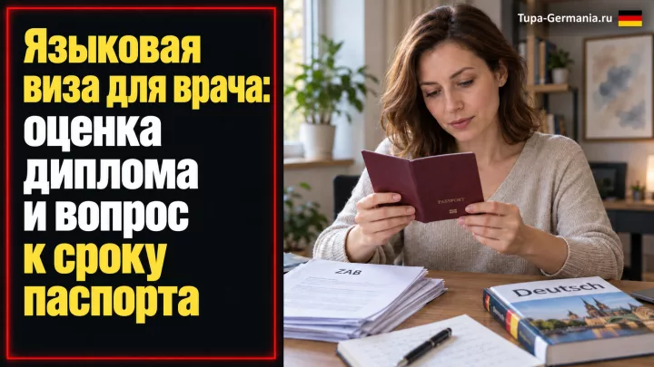 Иллюстрация к кейсу о языковой визе для врача: паспорт, оценка диплома и курс немецкого